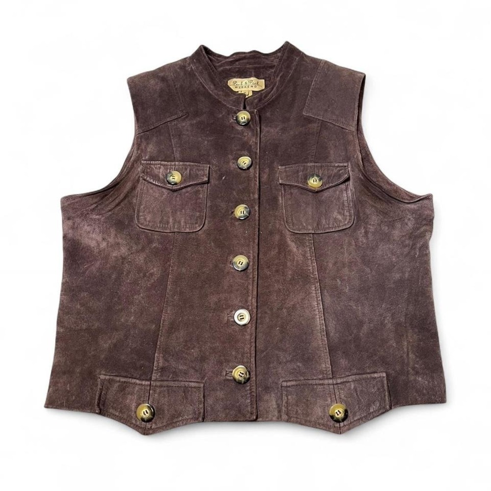 Brown suede vest with gold buttons